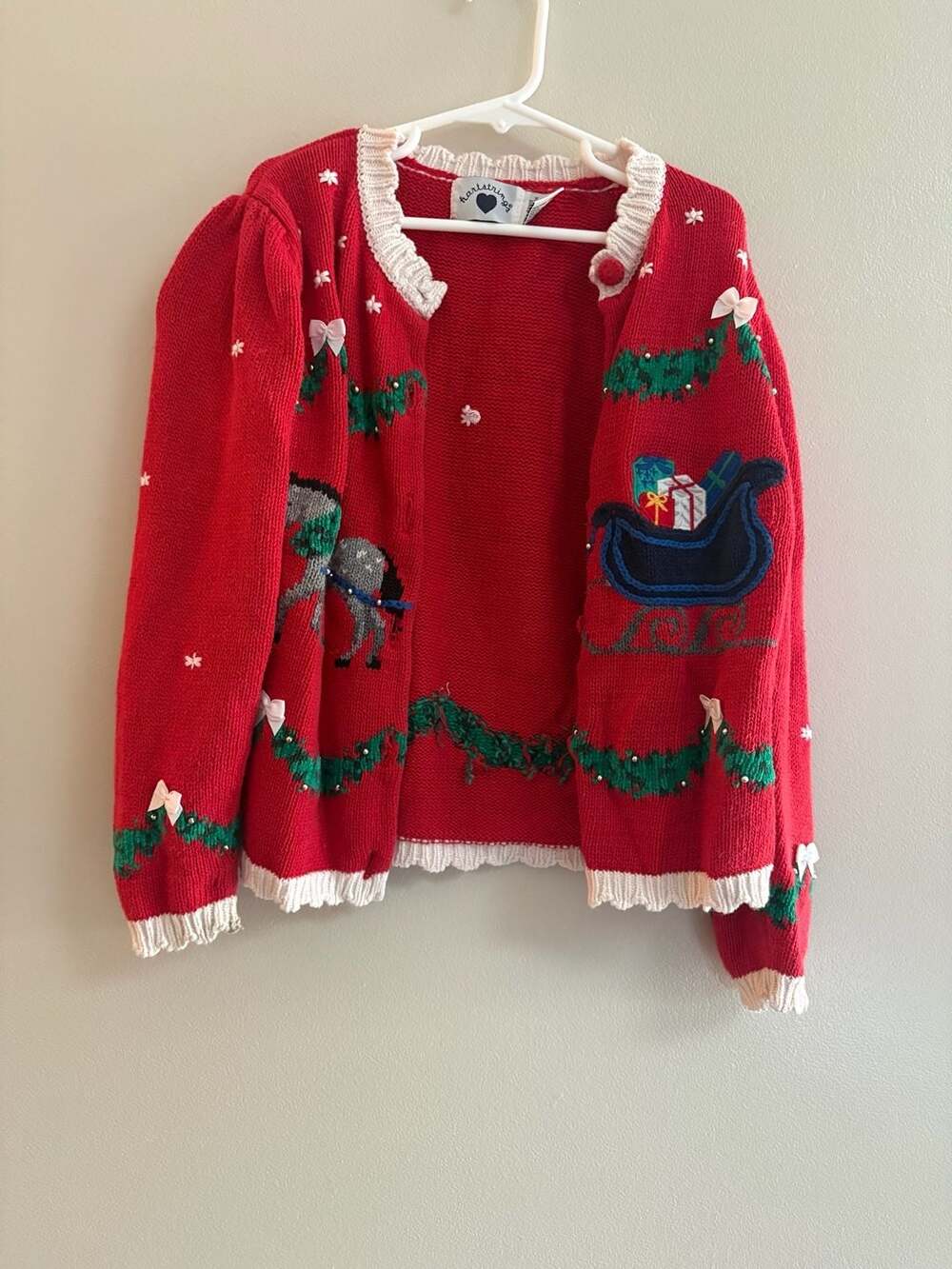 Hartstrings Vintage Girls Red Christmas Cardigan with Sleigh and Garland Detail